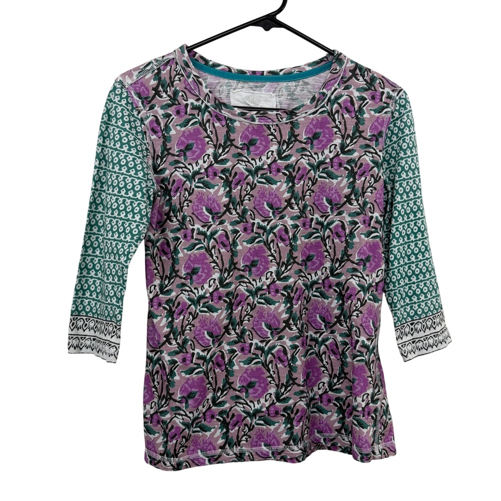 Cino Top Womens XS Purple Floral Block Print Cotton 3/4 Sleeve Crew Neck Shirt